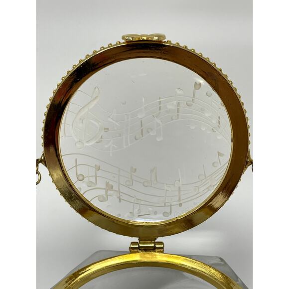 Frosted Crystal Gold Trimmed Hinged Dresser Trinket Box Musical Notes Signed KF - Picture 10 of 13